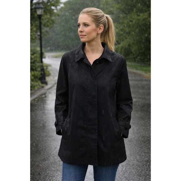Norma Kamali Jackets & Blazers - Norma Kamali Womens Black Long Sleeve Collared Button Up Rain Coat Size 14